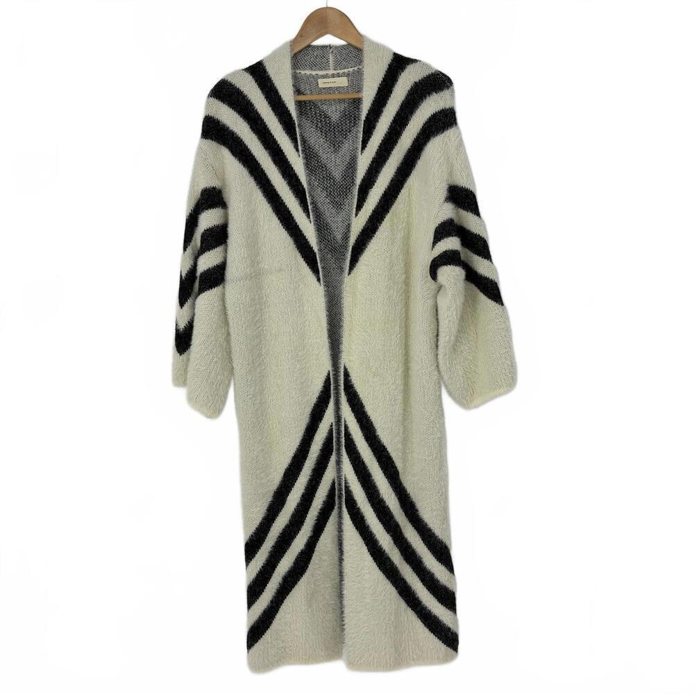 Sleeping on Snow Cozy White Black Patterned Fuzzy Knit Cardigan Sweater